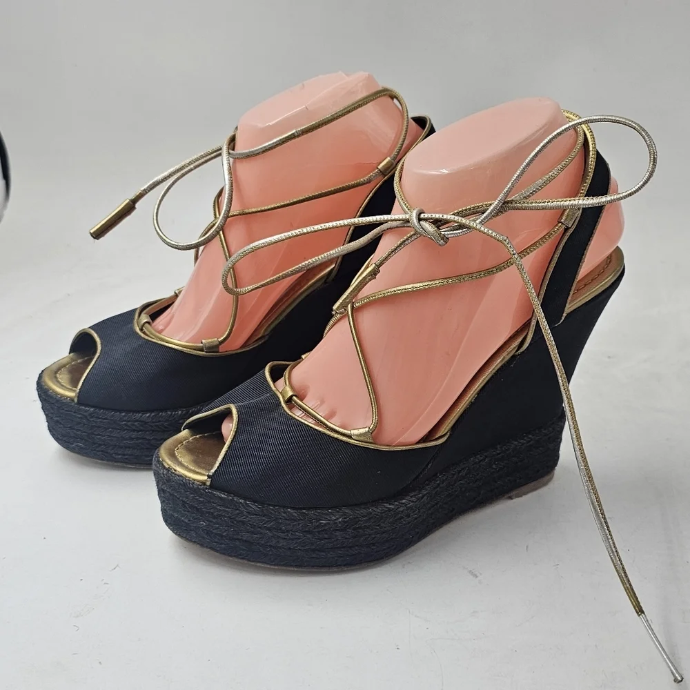 Ralph Lauren Collection Navy Gold Canvas Espadrille Wedge Lace Up